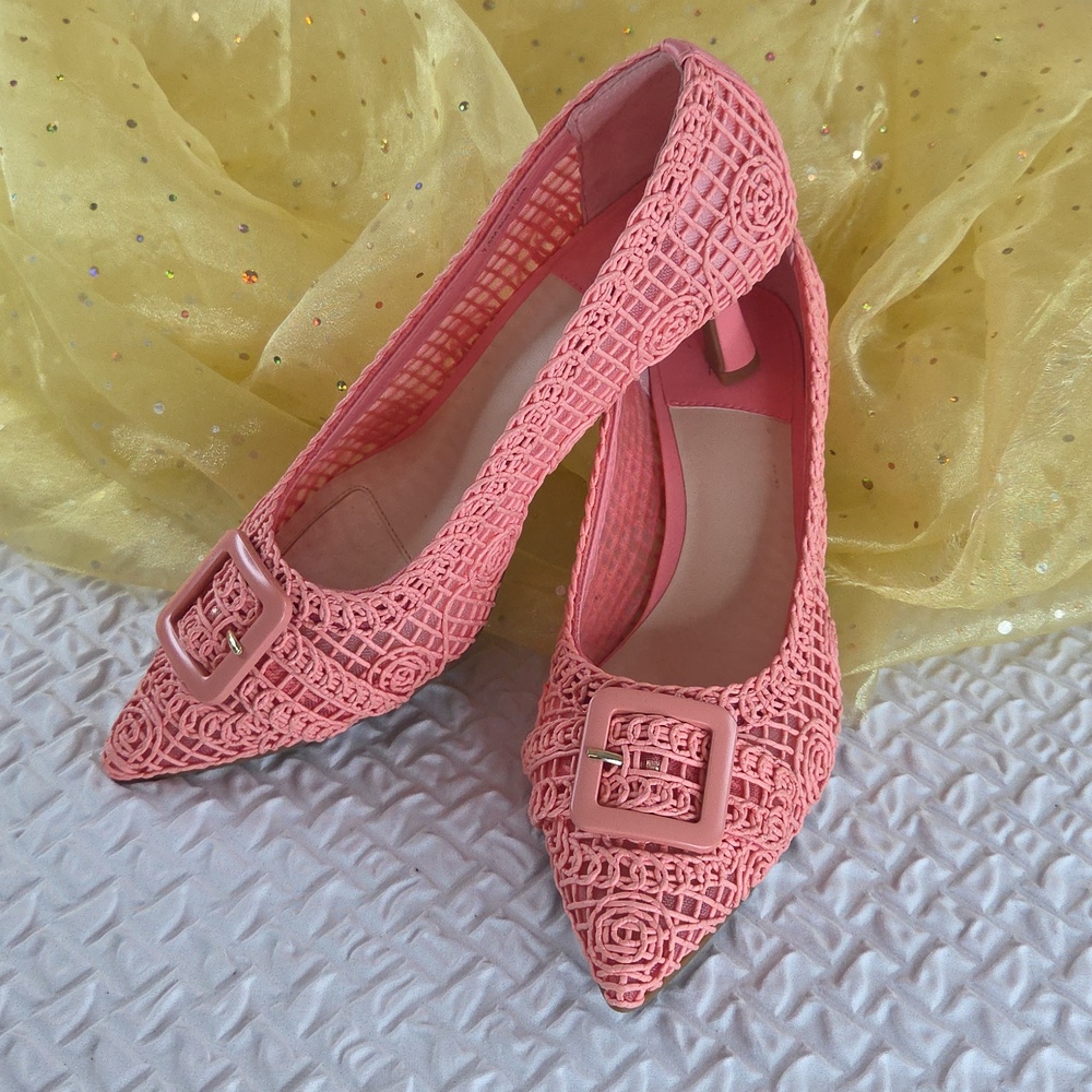 Alex Marie Coral Pink Woven Pointed Kitten Heels 7.5 - Picture 2 of 16